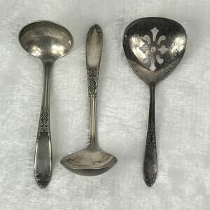 Vintage National Silver Plate Hostess Set Slotted & Gravy Ladles Ornate 3 Pc